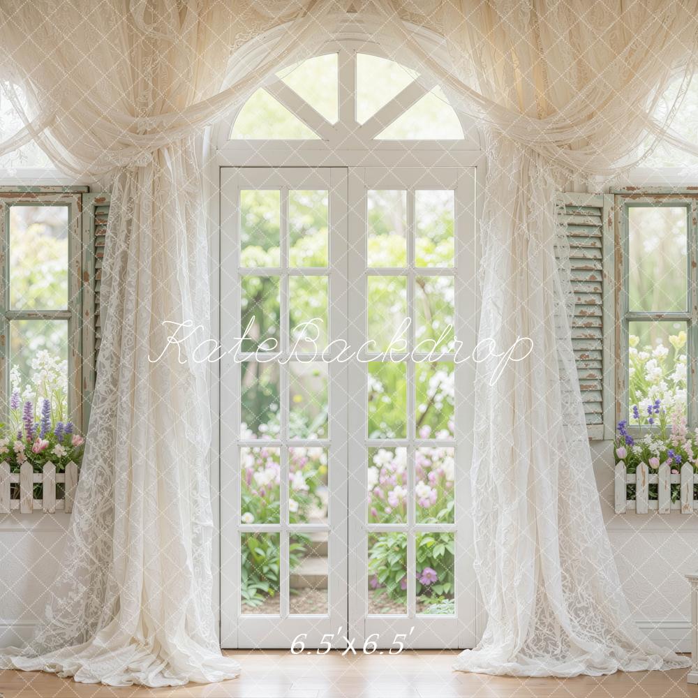 Kate Spring White Drapes Arched French Doors Flower Garden Printed Backdrop Designed by Mini MakeBelieve