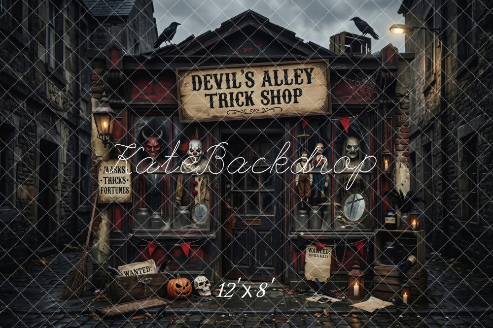 Kate Halloween Haunted Trick Shop Alley Dark Black Printed Backdrop Designed by Patty Roberts