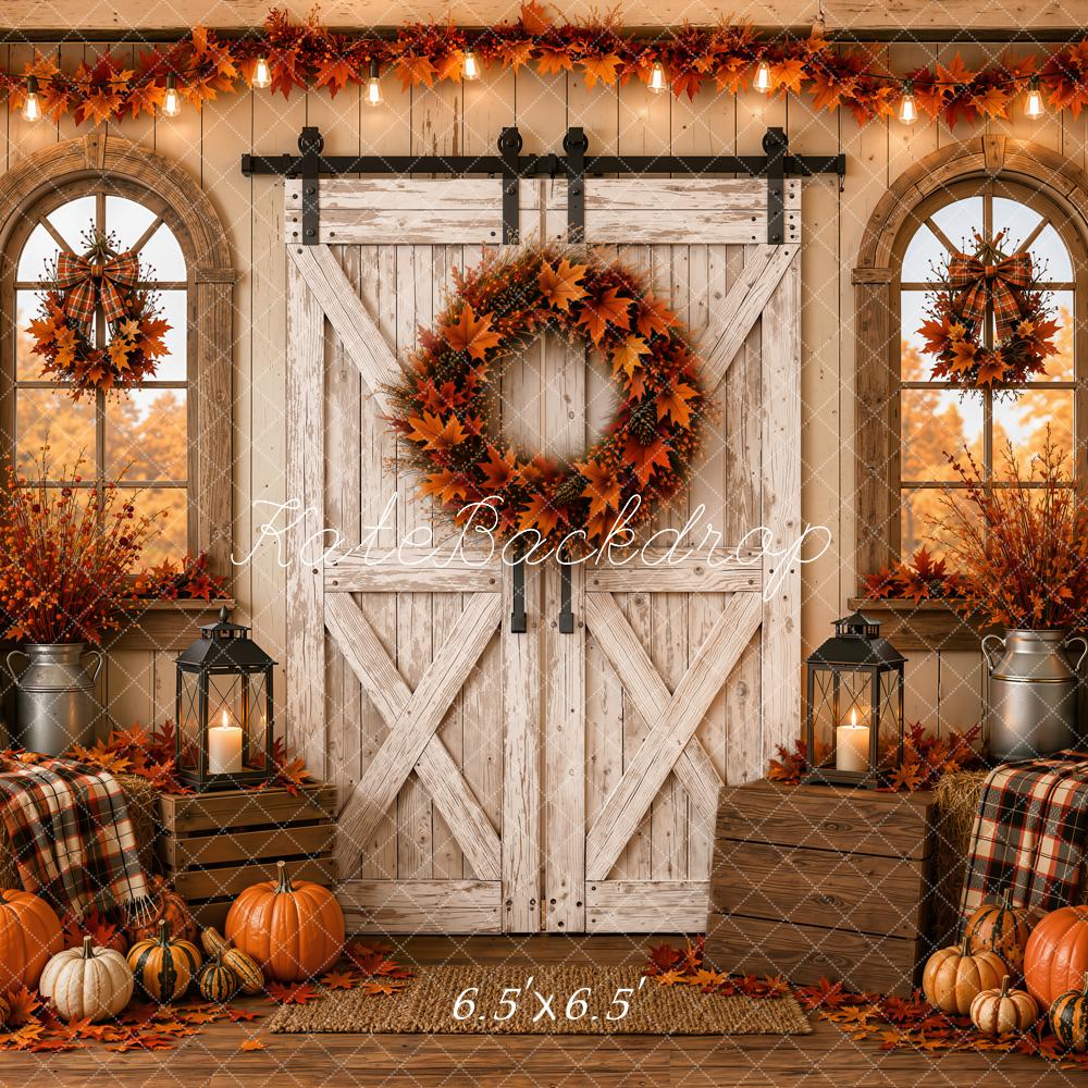 Kate Fall Vintage White Barn Door Pumpkins Wreath Plaid Hay Bales Printed Backdrop Designed by Emetselch
