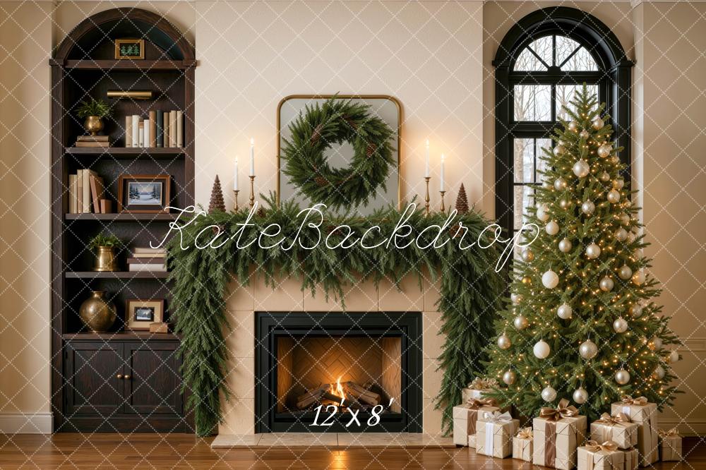 Kate Christmas Tree Bookcase Fireplace Wreath Living Room Printed Backdrop Designed by Mini MakeBelieve