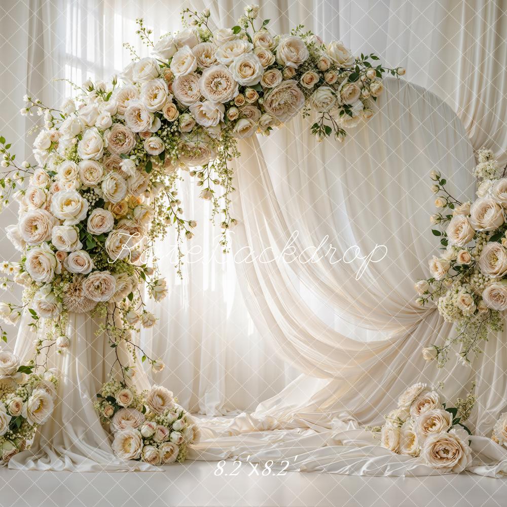 Kate Summer Flower Arch Cream Roses Draped Fabric Printed Backdrop Designed by Emetselch