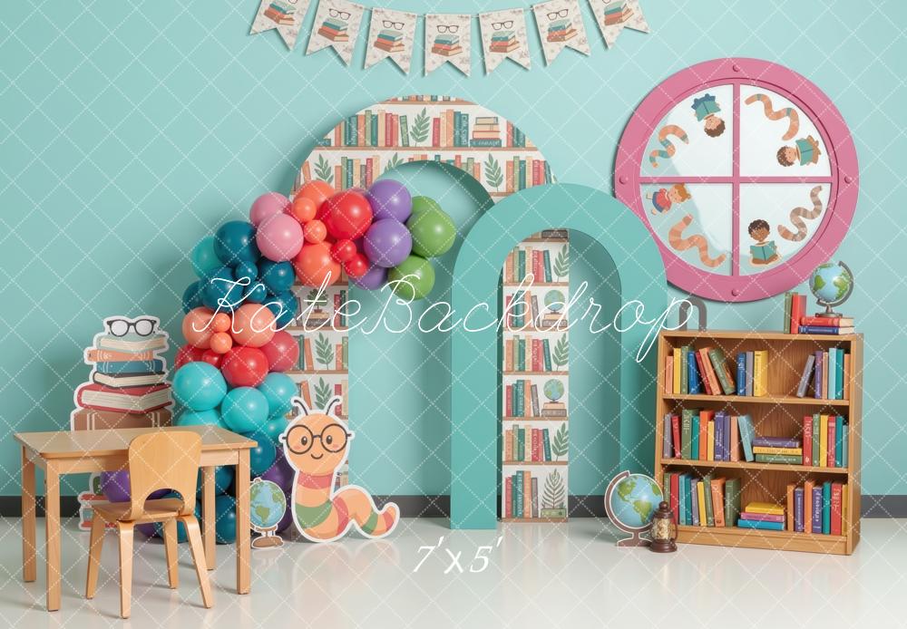 Kate Back to School Bookshelf Arch Balloons Worm Printed Backdrop Designed by Mini MakeBelieve
