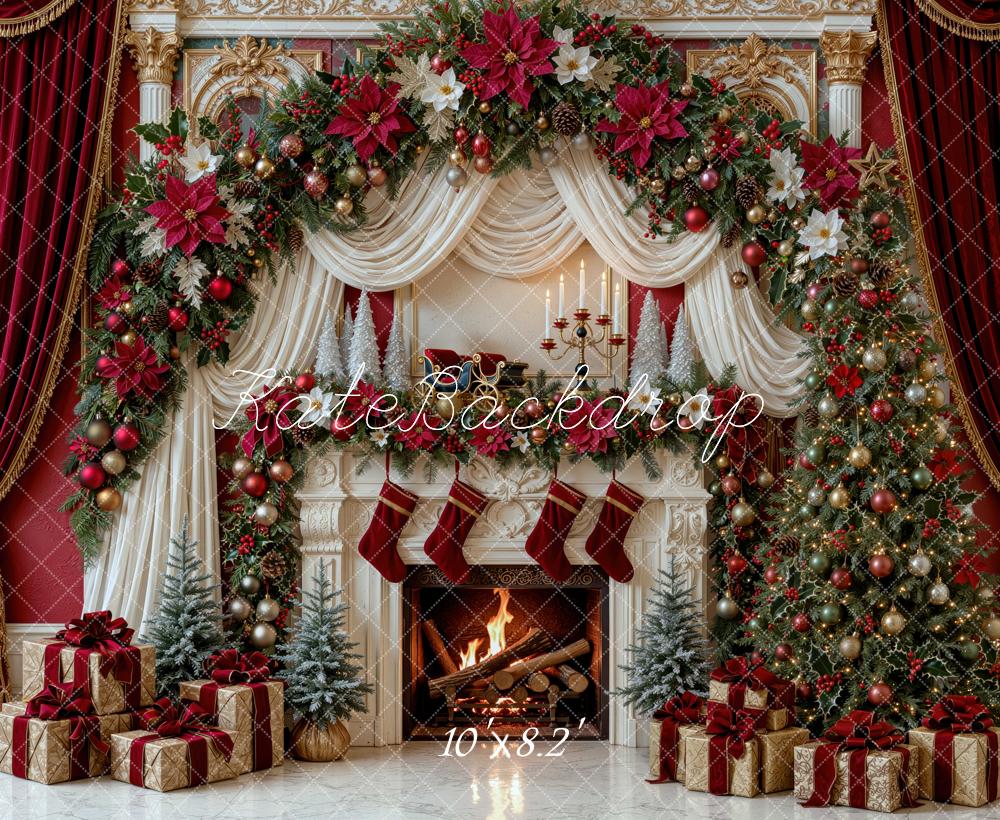 Kate Christmas Luxury Red Fireplace Garland Drapes Christmas Tree Printed Backdrop Designed by Mini MakeBelieve