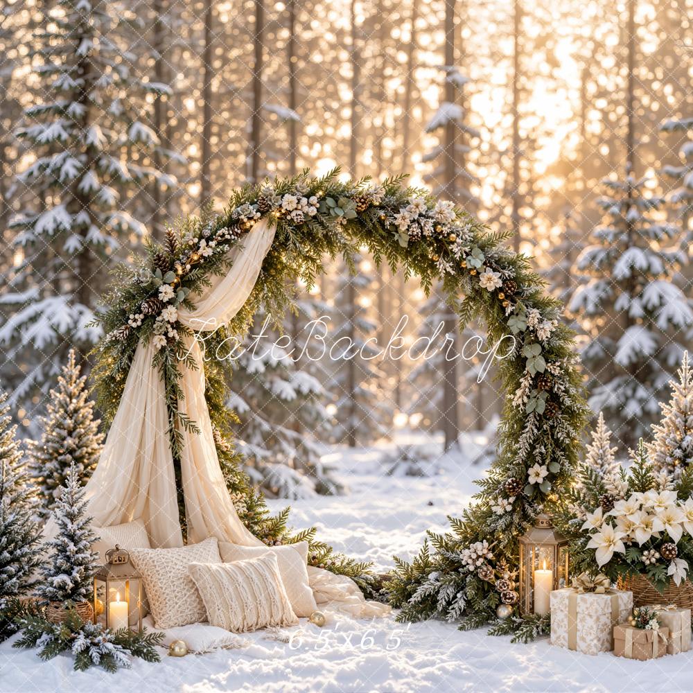 Kate Christmas Winter Circle Flower Arch Drapes Snowy Forest Printed Backdrop Designed by Emetselch