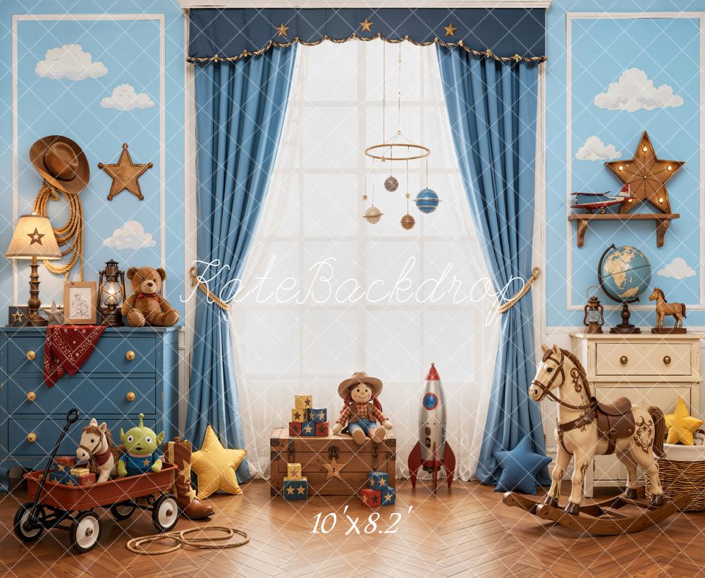 Kate Cowboy Kids Room Blue Curtains Toy Horse Stars Clouds Printed Backdrop Designed by Emetselch