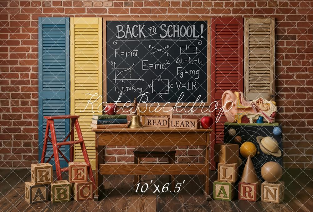 Kate Back To School Blackboard Brick Wall Books Blocks Printed Backdrop Designed by Emetselch
