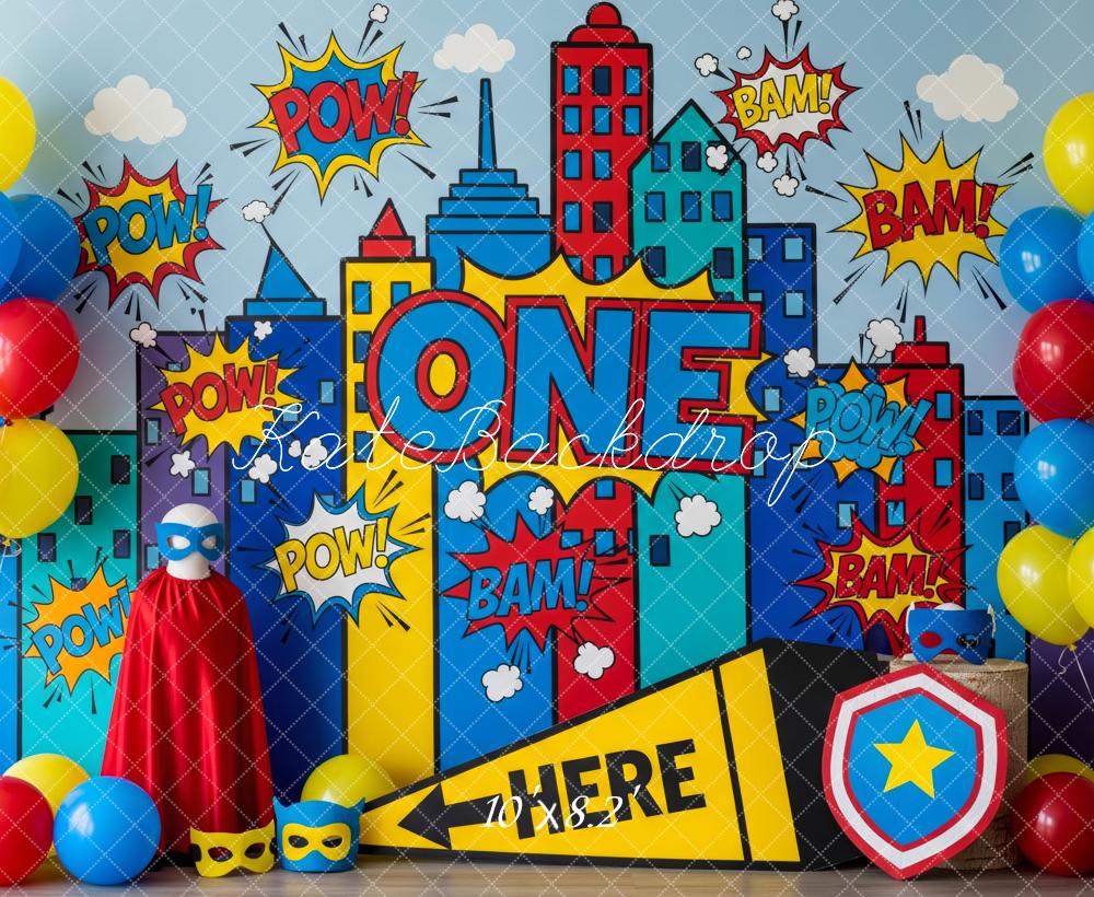 Kate Cake Smash Superhero Comic City Skyline Pop Art Backdrop Backdrop Designed by Patty Roberts