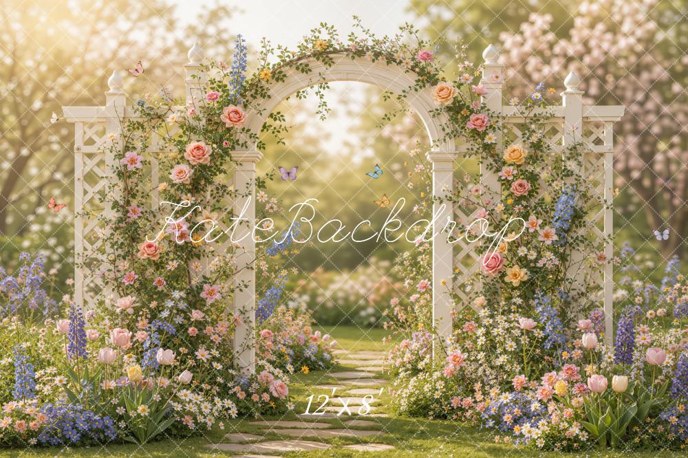 Kate Spring Romantic Flower Arch Garden Pathway Butterflies Printed Backdrop Designed by Emetselch