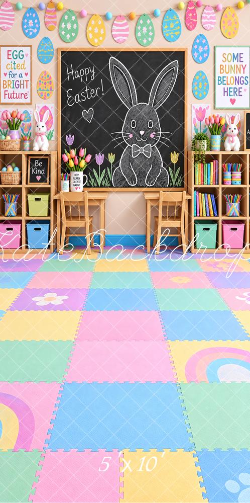 Kate Sweep Easter Classroom Bunny Chalkboard Eggs Pastel School Printed Backdrop Designed by Vertigo Productions