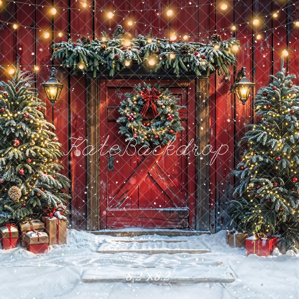 Kate Christmas Tree Red Barn Door Snow Backdrop Designed by Emetselch