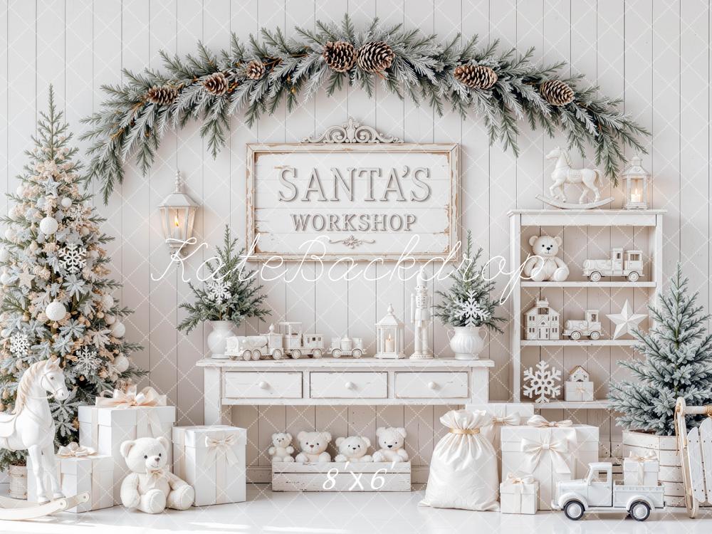 Kate Christmas Santa's Workshop White Pine Tree Toys Gift Boxes Printed Backdrop Designed by Mini MakeBelieve