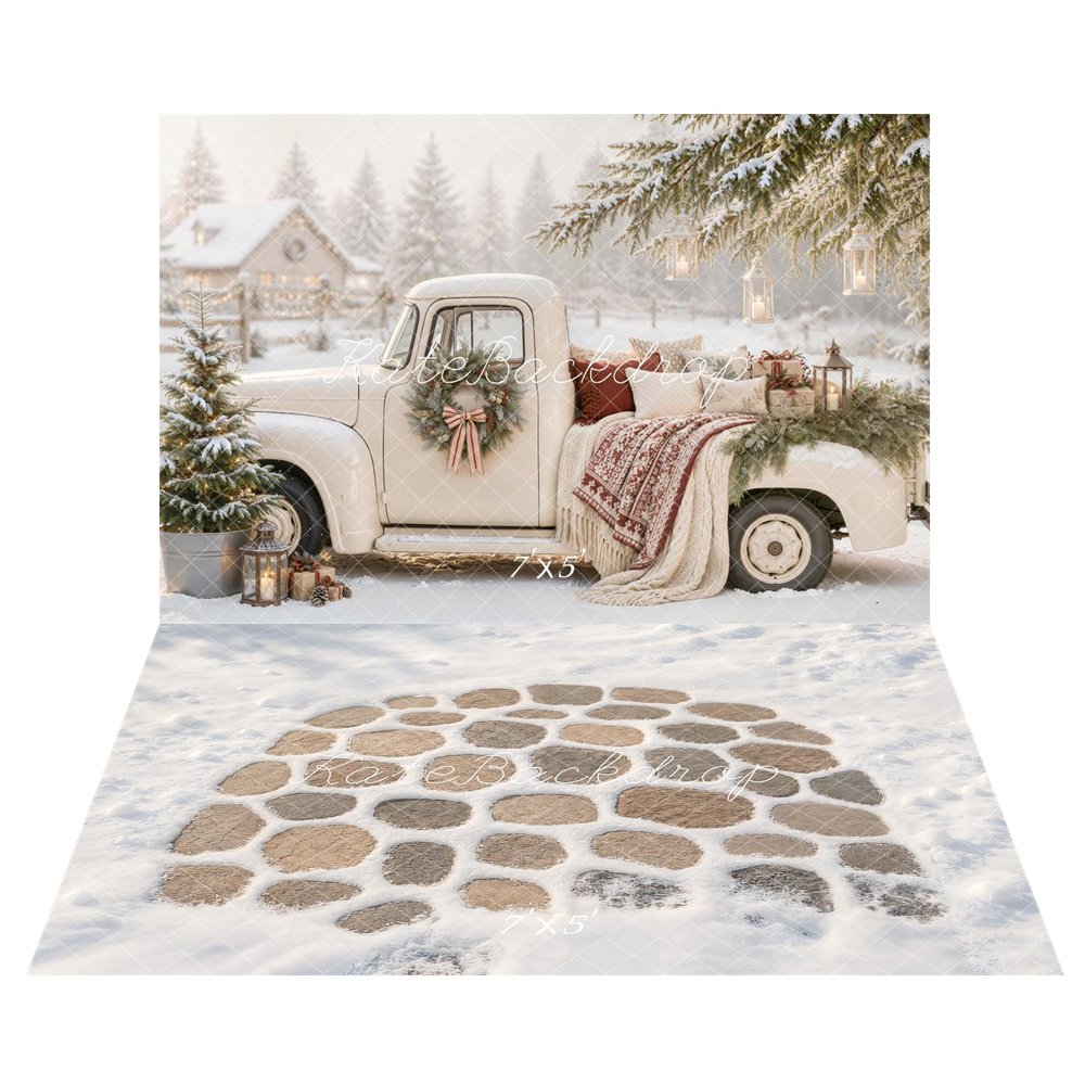 Kate Christmas Vintage Truck Snowy Cabin Printed Backdrop+Winter Snowy Cobblestone Path Floor Printed Backdrop