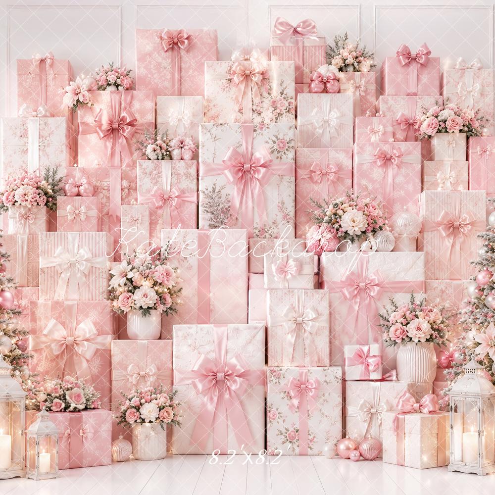 Kate Christmas Pink Gifts Wall Floral Trees Printed Backdrop Designed by Ashley Paul