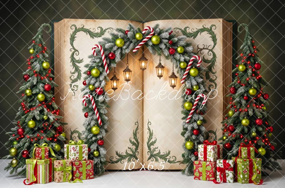 Kate Christmas Tree Fantasy Open Book Arch Candy Canes Gifts Lanterns Printed Backdrop Designed by Patty Roberts