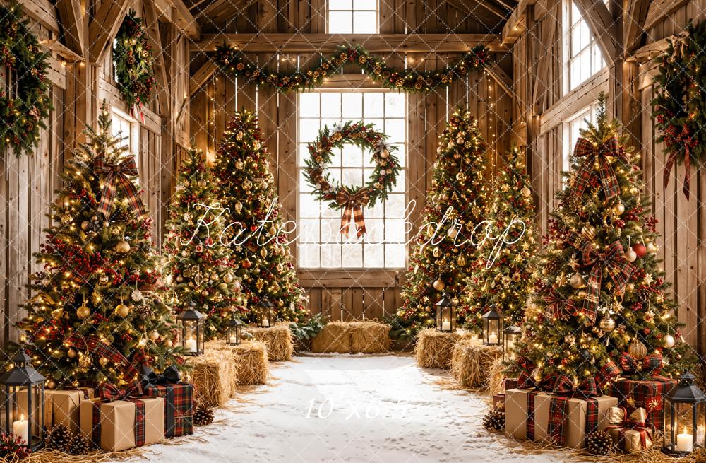 Kate Christmas Rustic Barn Trees Wreath Printed Backdrop Designed by Emetselch