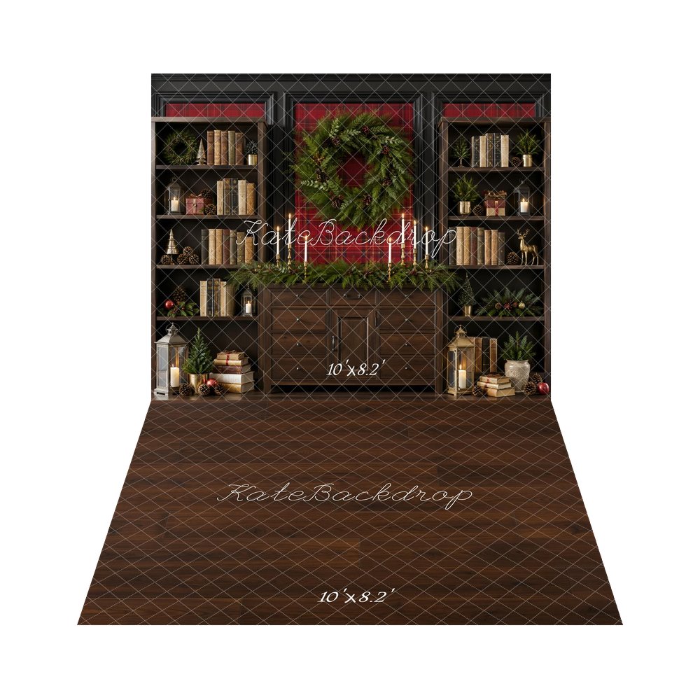 Kate Christmas Black Library Bookshelves Wreath Cabinet Printed Backdrop+Dark Brown Wood Floor Backdrop Printed Backdrop