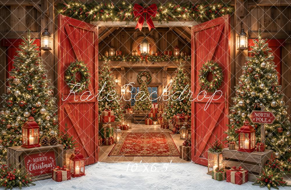 Kate Christmas Barn Red Doors Christmas Trees Presents Lanterns Printed Backdrop Designed by Emetselch