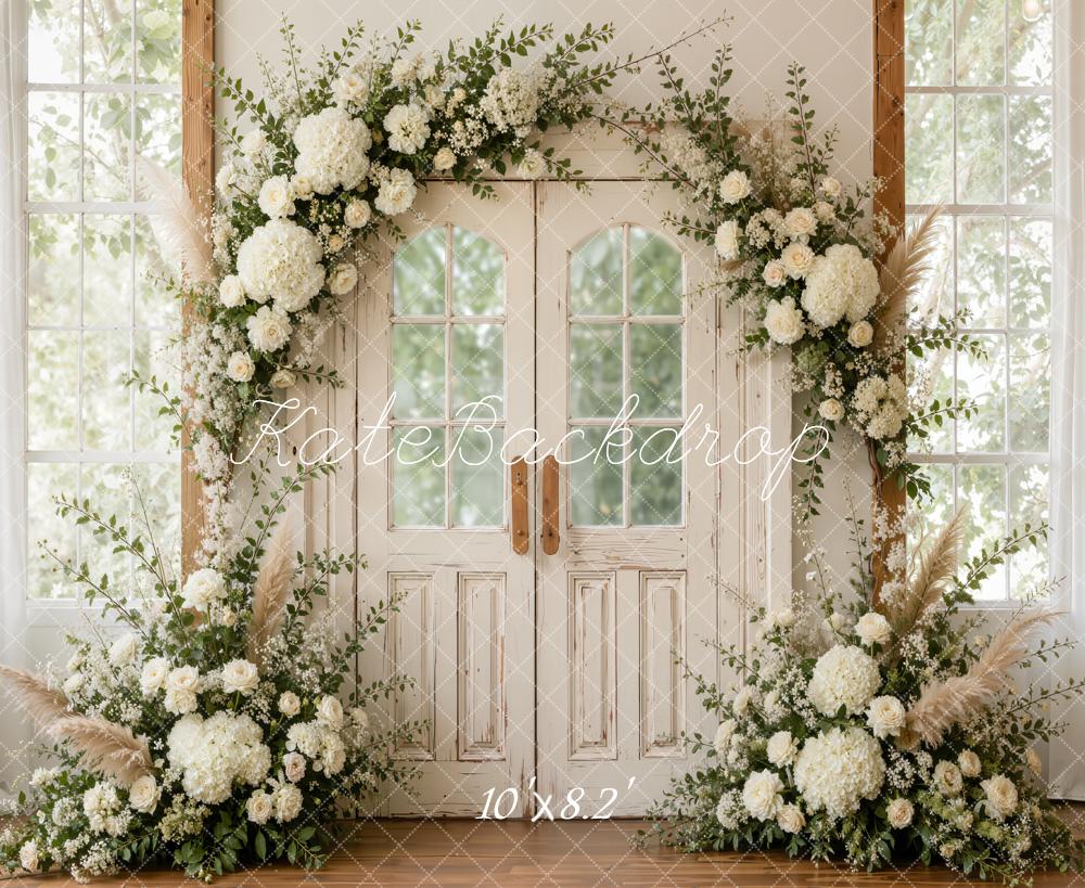 Kate Spring White Flower Arch Double Glass-paneled Doors Printed Backdrop Designed by Emetselch