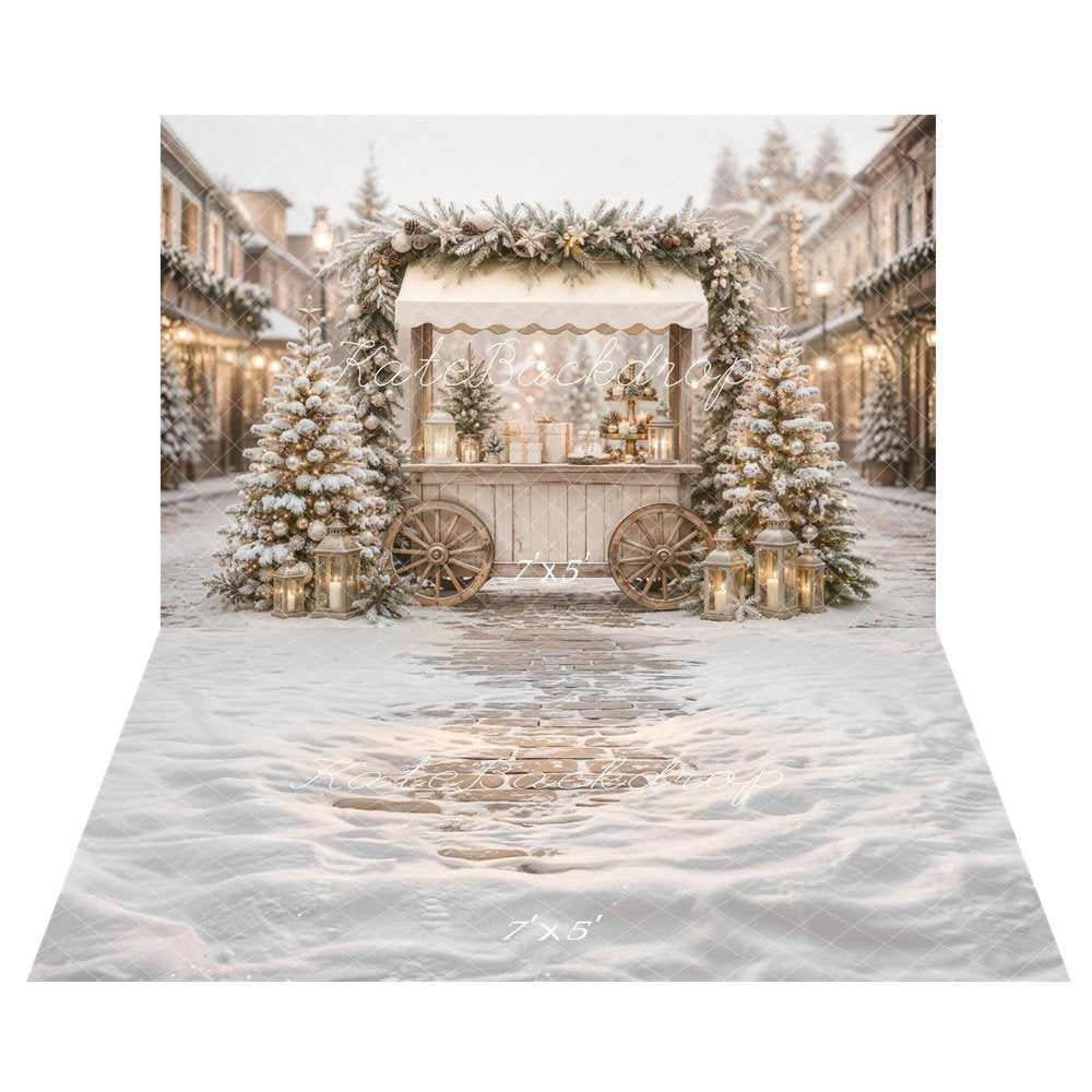 Kate Christmas Snowy Street Market Cart Trees Lanterns Printed Backdrop+Winter Snow Covered Cobblestone Path Printed Backdrop