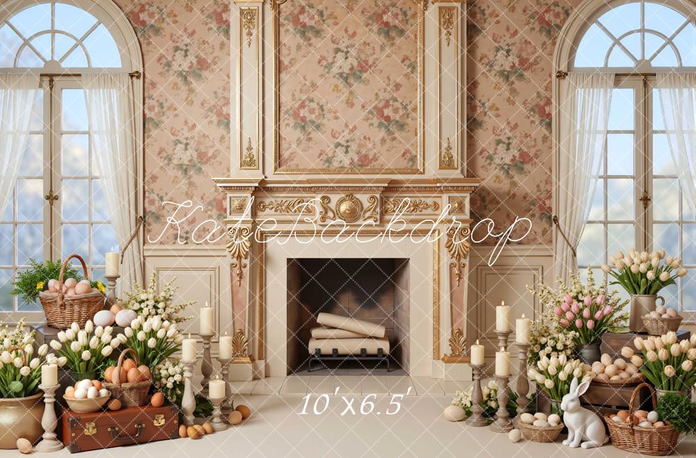 Kate Easter Bunny Fireplace Floral Eggs Printed Backdrop Designed by Mini MakeBelieve