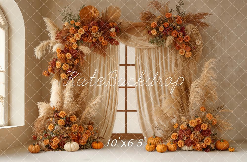Kate Fall Boho Flower Arch Pumpkins Window Curtains Backdrop Designed by Emetselch