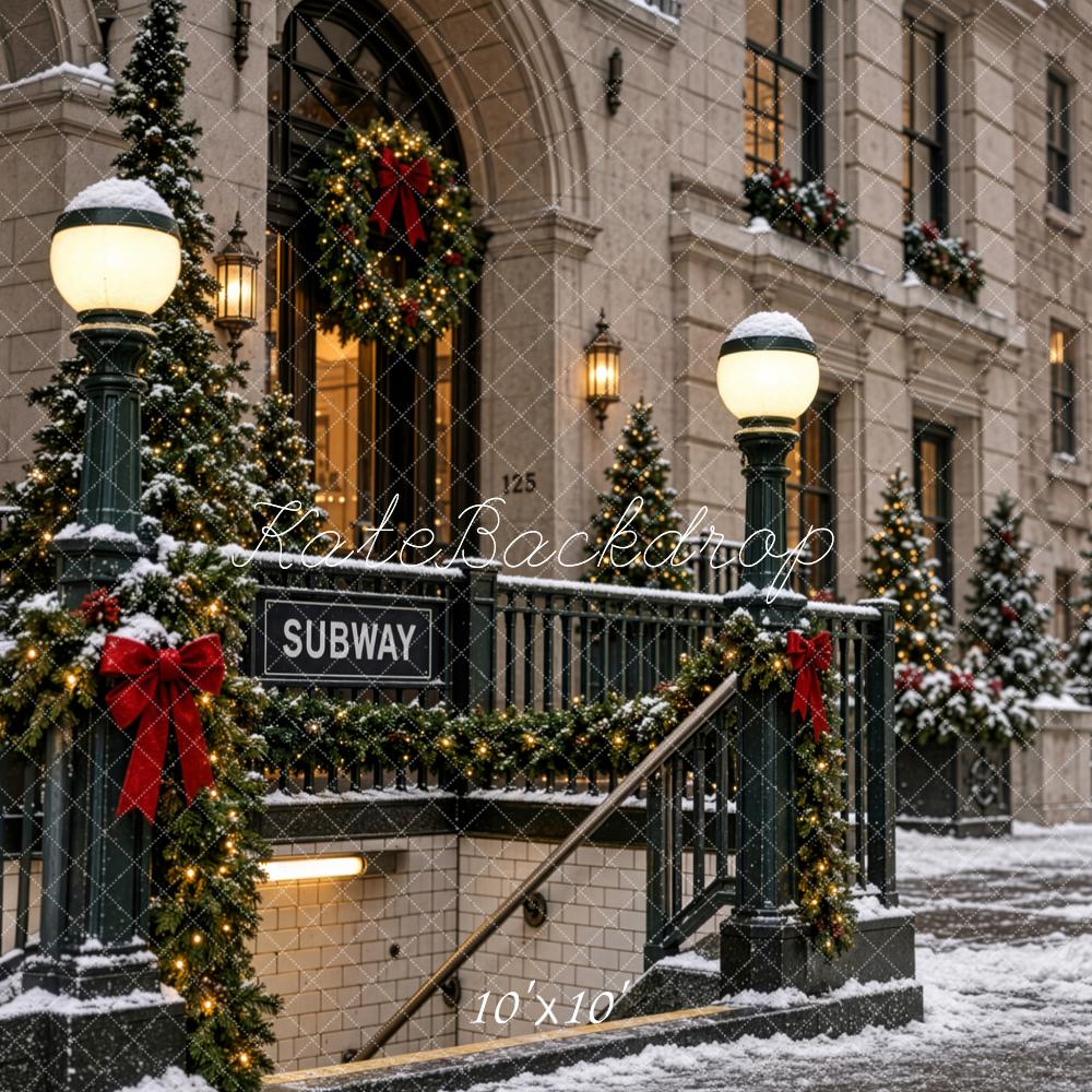 Kate Christmas Snowy New York City Subway Street Printed Backdrop Designed by Patty Roberts