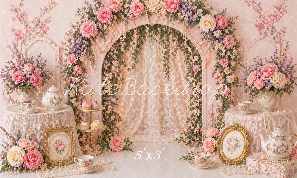 Kate Flower Arch Pink Floral Tea Set Printed Backdrop Designed by Caitlin Lynch