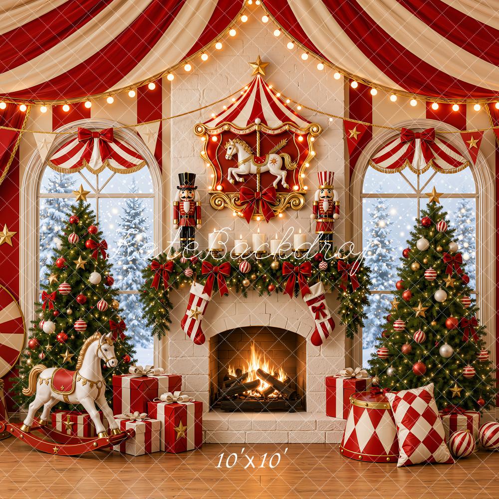 Kate Christmas Trees Circus Fireplace Window Rocking Horse Printed Backdrop Designed by Emetselch