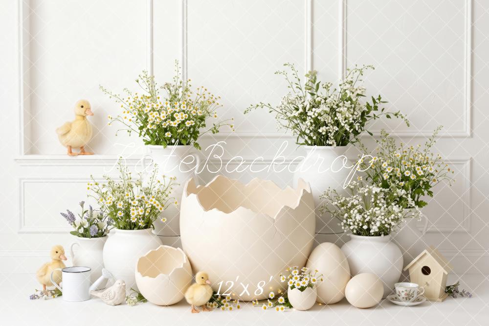 Kate Easter Cracked Egg Ducklings Daisy Flowers White Printed Backdrop Designed by Patty Roberts