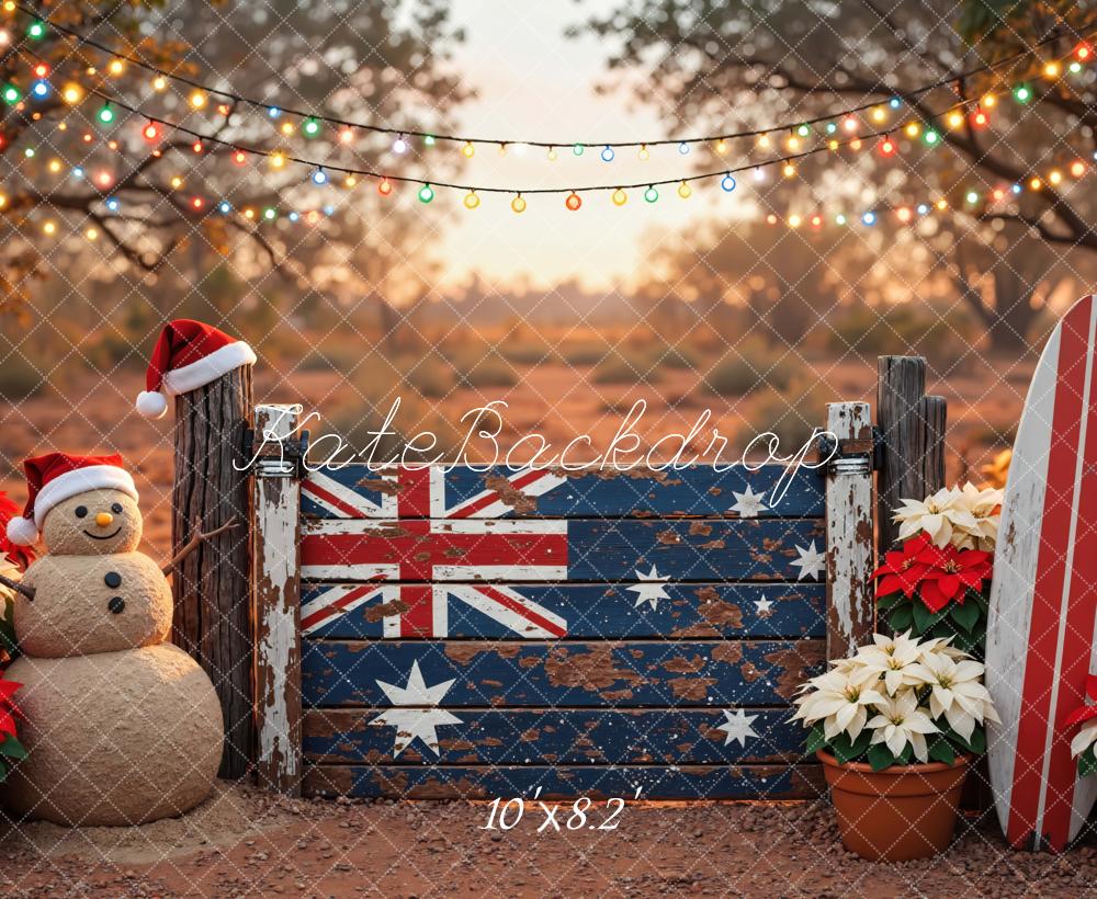 Kate Christmas Australian Flag Fence Sandman Surfboard Printed Backdrop Designed by Mini MakeBelieve