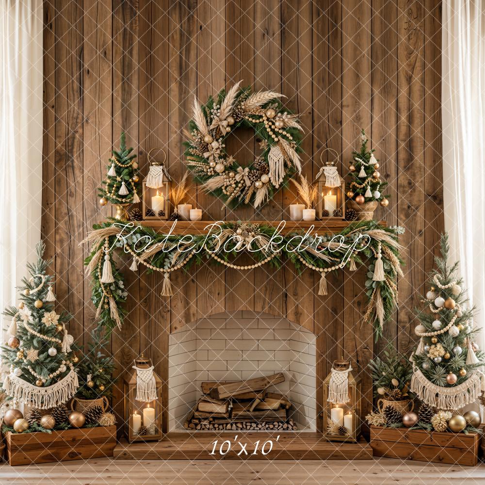 Kate Christmas Rustic Wood Fireplace Boho Wreath Garland Trees Printed Backdrop Designed by Emetselch