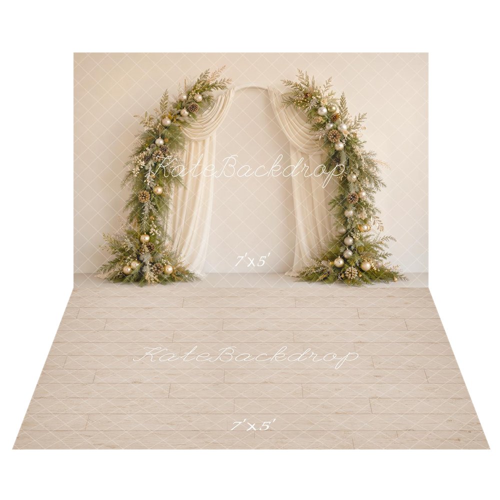 Kate Christmas Flower Arch Pinecones Ornaments Cream Drapes Printed Backdrop+Beige Wood Plank Floor Backdrop Printed Backdrop