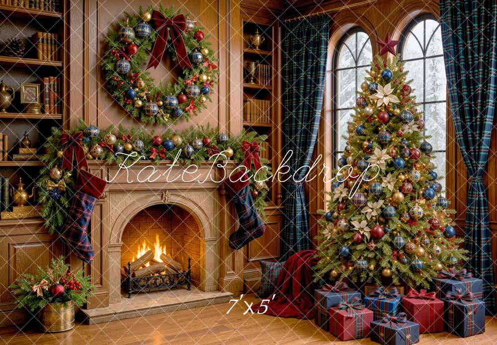Kate Christmas Fireplace Wreath Tree Blue Plaid Curtains Stockings Gifts Printed Backdrop Designed by Mini MakeBelieve