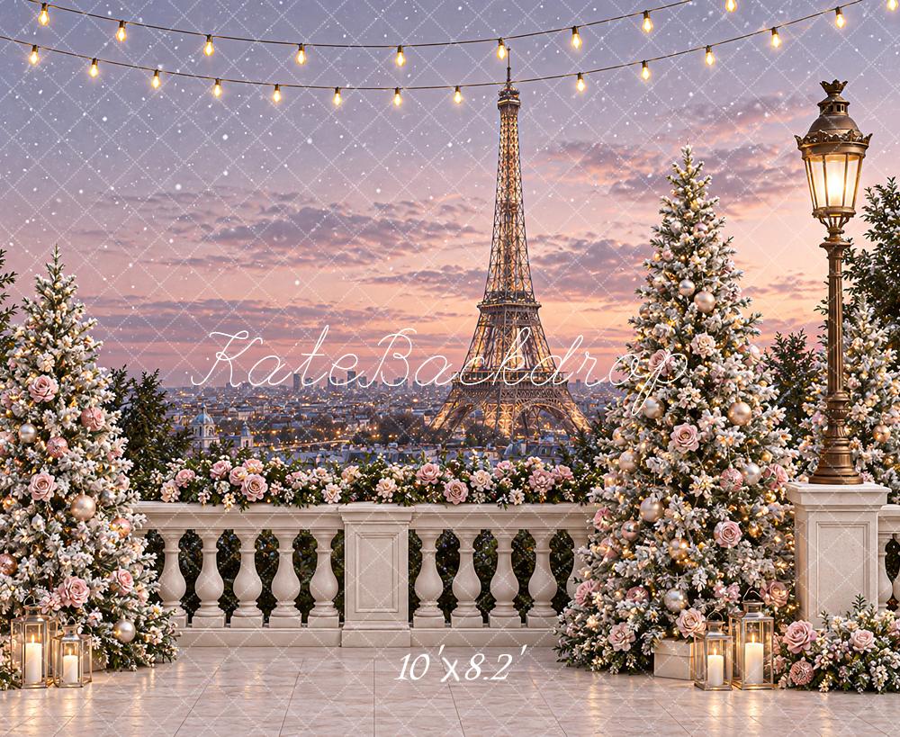 Kate Christmas Tree Eiffel Tower City Balcony Floral Lantern Printed Backdrop Designed by Angela Miller