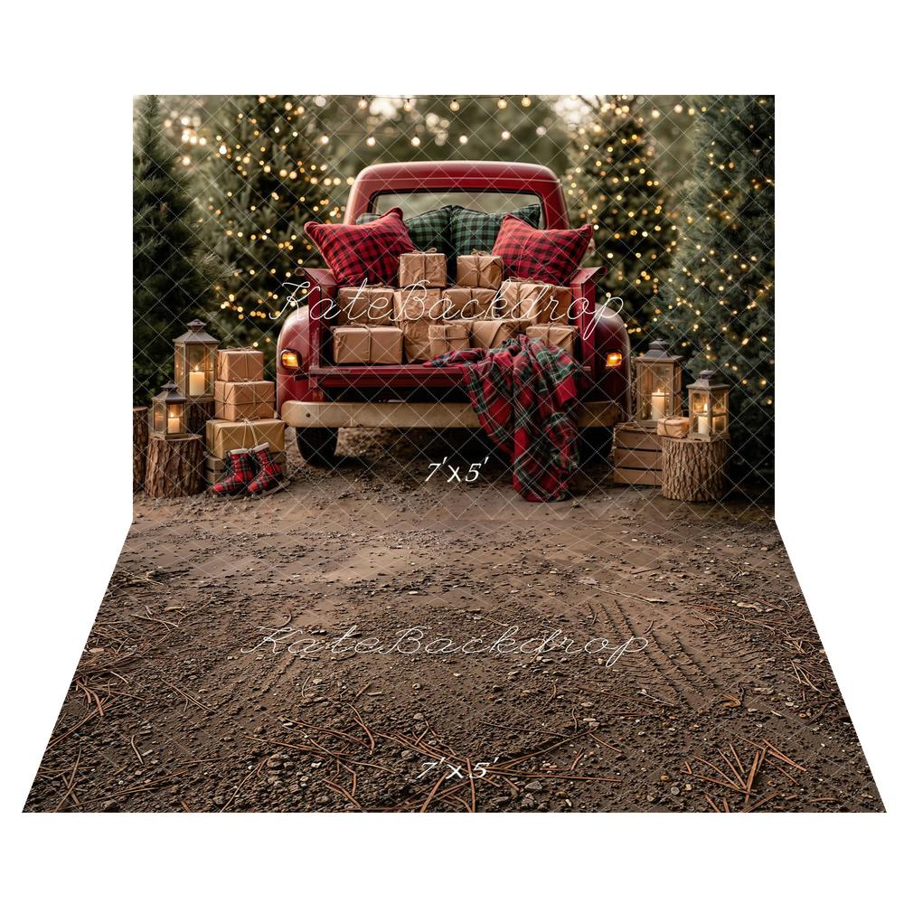 Kate Christmas Red Truck Presents Pine Trees Lanterns Plaid Blanket Printed Backdrop+Brown Dirt Gravel Tire Track Floor Printed Backdrop
