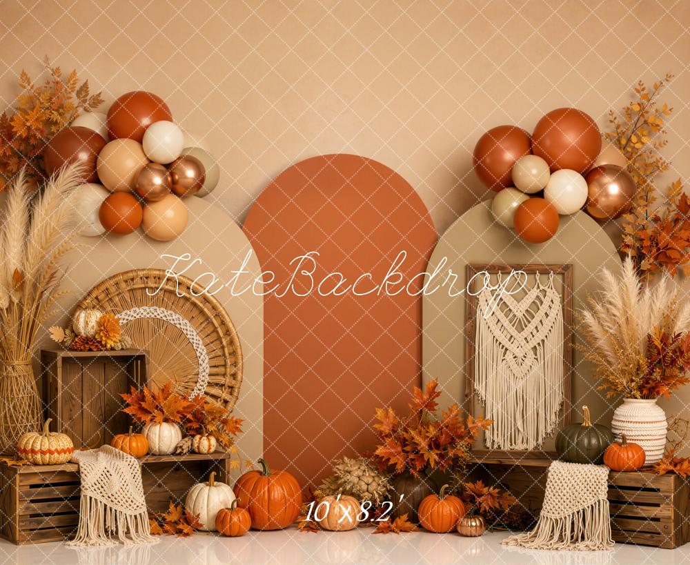 Kate Fall Boho Pumpkin Arch Balloons Crates Printed Backdrop Designed by Emetselch