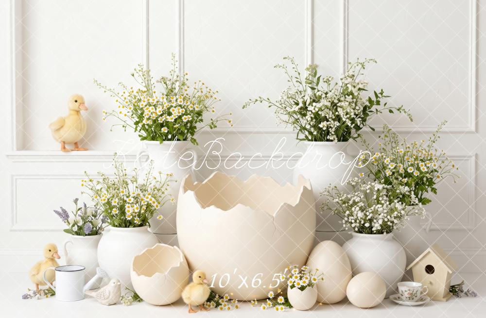 Kate Easter Cracked Egg Ducklings Daisy Flowers White Printed Backdrop Designed by Patty Roberts