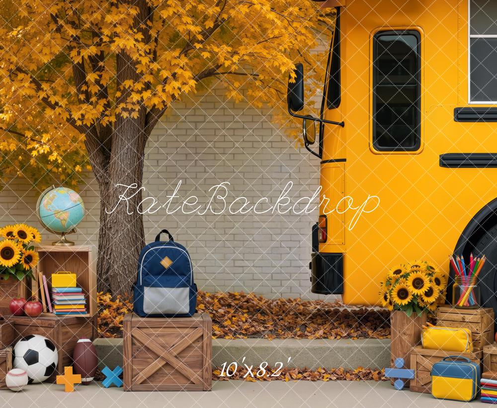 Kate Back To School Bus Maple Tree Backpack Soccer Ball Printed Backdrop Designed by Mini MakeBelieve