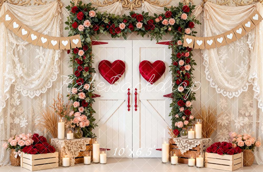 Kate Valentine's Day White Doors Heart Flower Arch Printed Backdrop Designed by Mini MakeBelieve