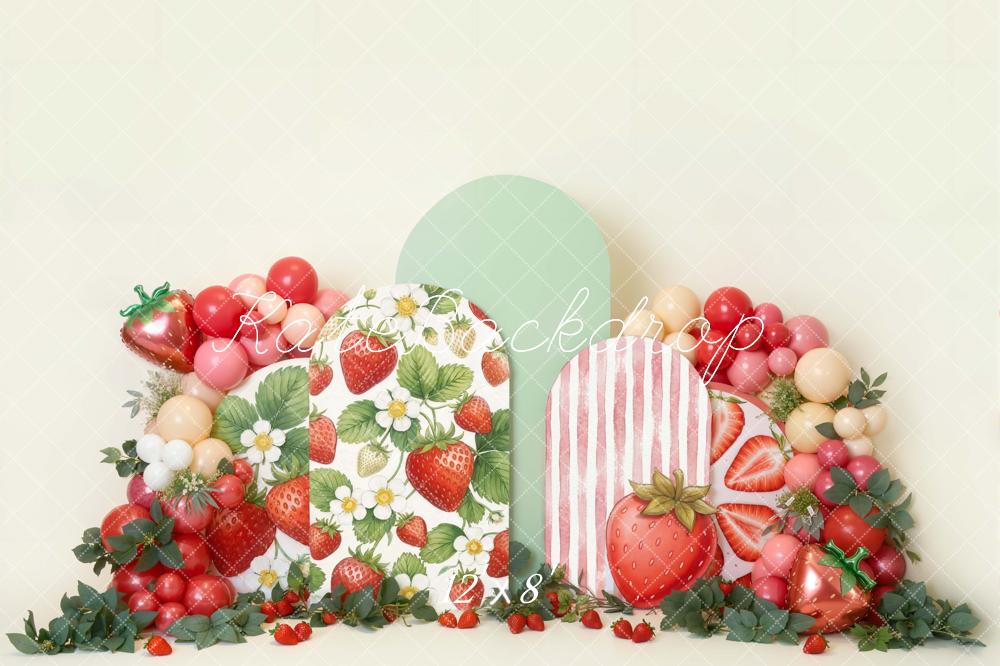 Kate Cake Smash Strawberry Balloon Arch Greenery Printed Backdrop Designed by Emetselch