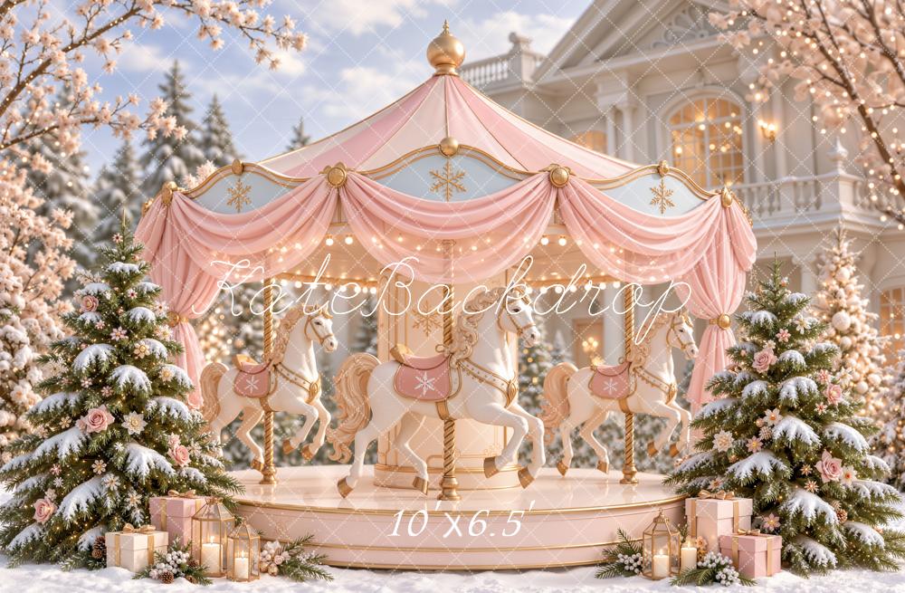 Kate Christmas Pink Carousel Snowy Trees Printed Backdrop Designed by Emetselch