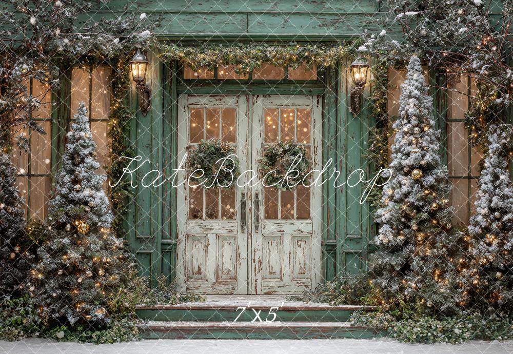 Kate Christmas Snowy Pine Trees Rustic Green Door Backdrop Designed by Ashley Paul