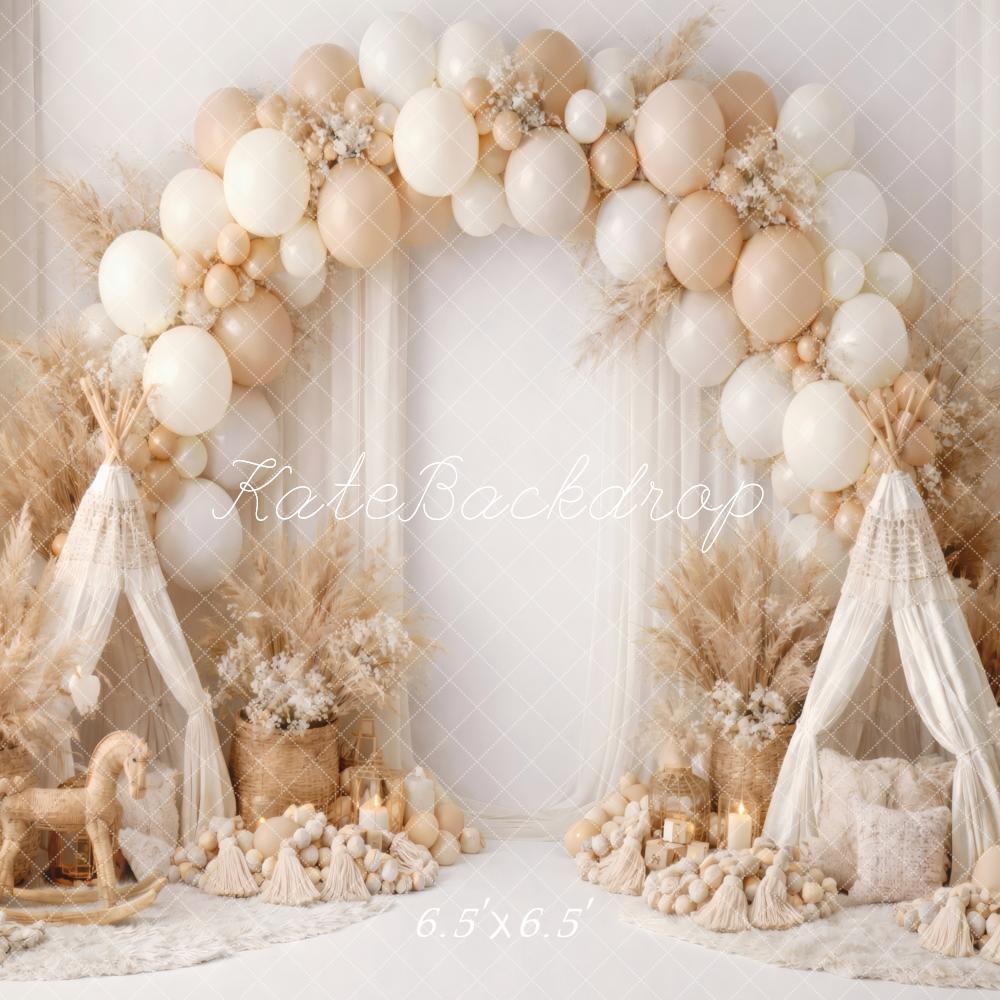 Kate Boho Flower Arch Balloon Tent Beige Printed Backdrop Designed by Vertigo Productions