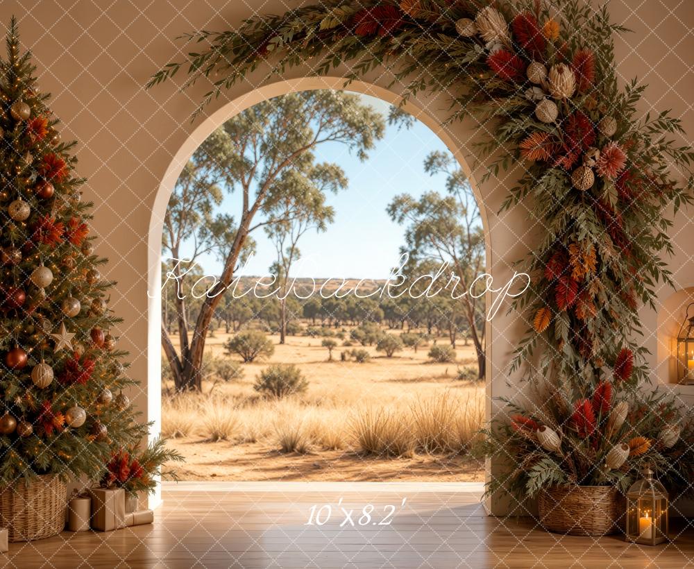 Kate Christmas Floral Arch Australian Outback Christmas Tree Printed Backdrop Designed by Ashley Ward
