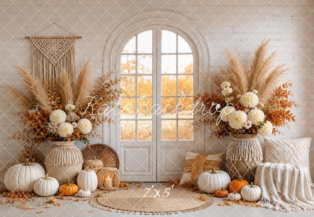 Kate Fall Boho Pumpkin Floral Arched Window Door Printed Backdrop Designed by Emetselch