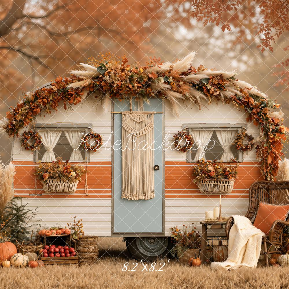 Kate Fall Boho Camper Macrame Pumpkins Pampas Grass Printed Backdrop Designed by Emetselch