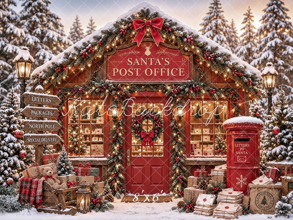 Kate Christmas Santa Post Office Mailbox Letters Snowy Printed Backdrop Designed by Emetselch