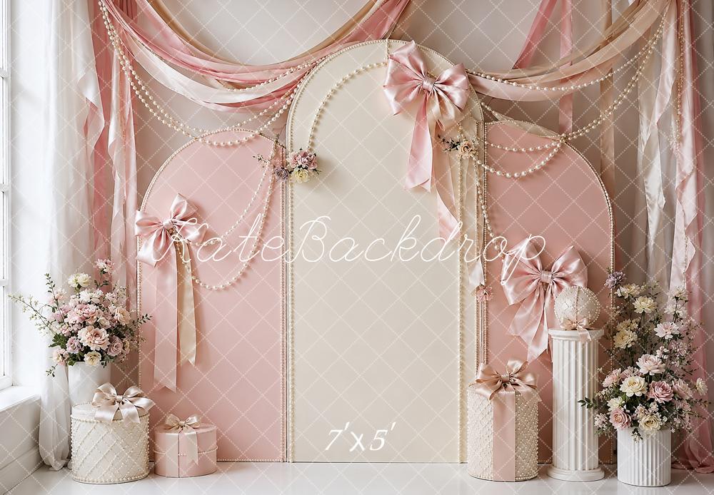 Kate Cake Smash Pink Ribbon Pearl Bow Printed Backdrop Designed by Shutter Swan Studios