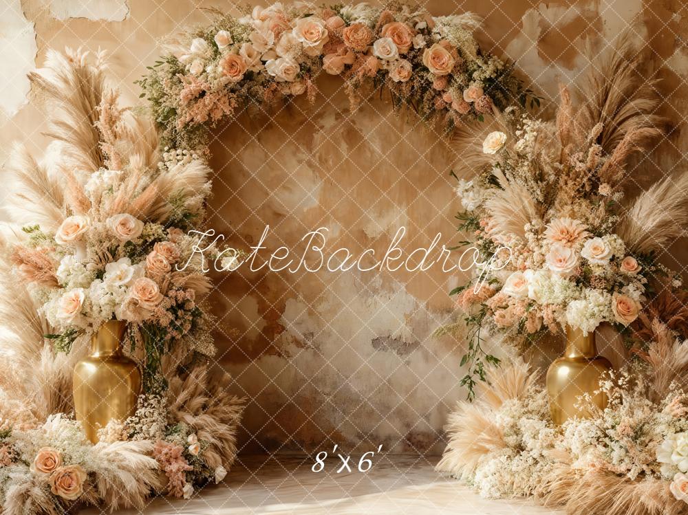 Kate Boho Flower Arch Pampas Grass Gold Vase Roses Backdrop Designed by Emetselch