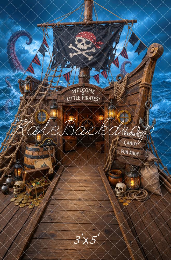 Kate Halloween Trunk or Treat Pirate Ship Treasure Skull Ocean Printed Backdrop Designed by Mini MakeBelieve